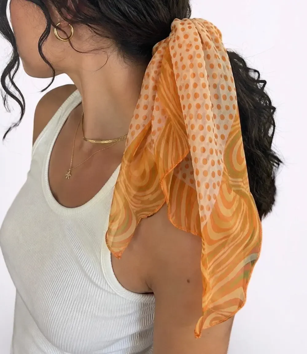 Y2K Sheer Silk Blend Polka Dot Retro Print Rectangle Scarf